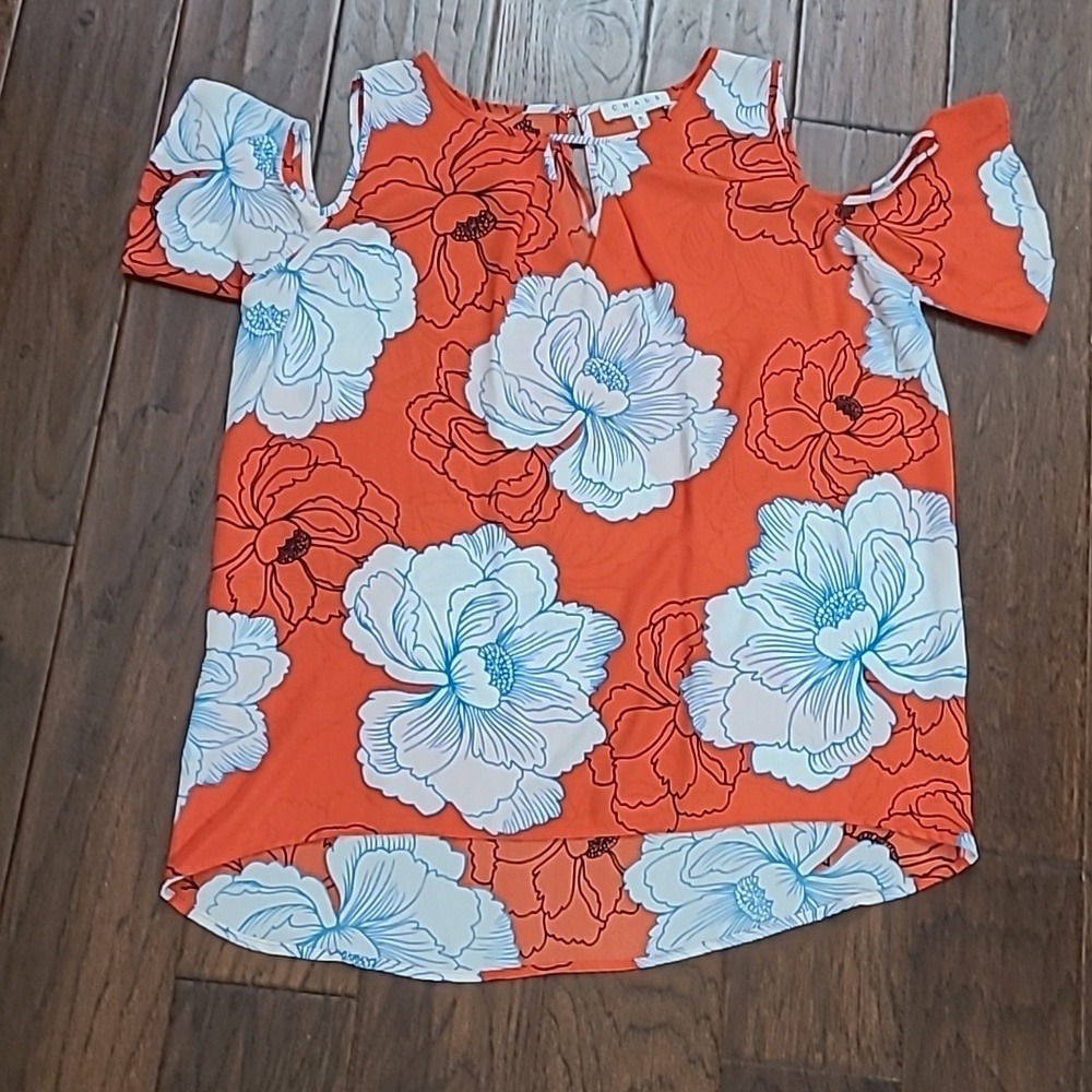 Chaus Reddish Orange Floral Cold Shoulder Blouse size Medium